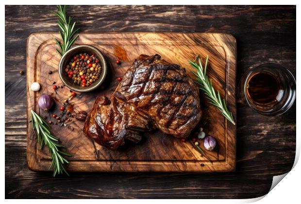 Grilled meat barbecue steak on wooden cutting board with rosemary and copy space. Top view. Print by Lubos Chlubny