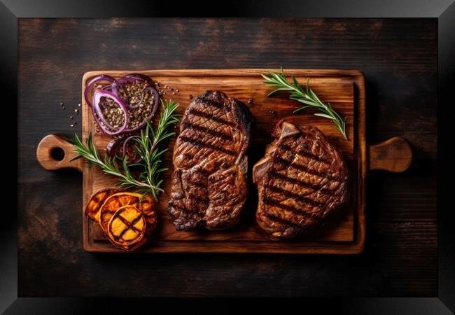 Grilled meat barbecue steak on wooden cutting board with rosemary and copy space. Top view. Framed Print by Lubos Chlubny