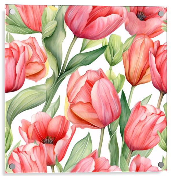 Seamless watercolor pattern with tulips. Floral pattern for wallpaper or fabric. Flower tulip. Generative AI Acrylic by Lubos Chlubny