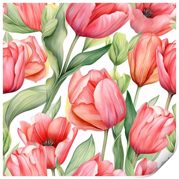 Seamless watercolor pattern with tulips. Floral pattern for wallpaper or fabric. Flower tulip. Generative AI Print by Lubos Chlubny