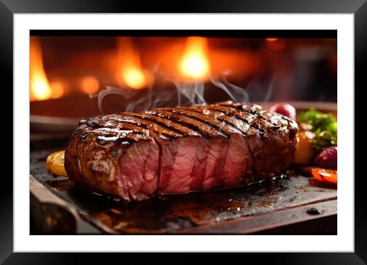 Beef steak on the grill with smoke and flames. Generative AI Framed Mounted Print by Lubos Chlubny