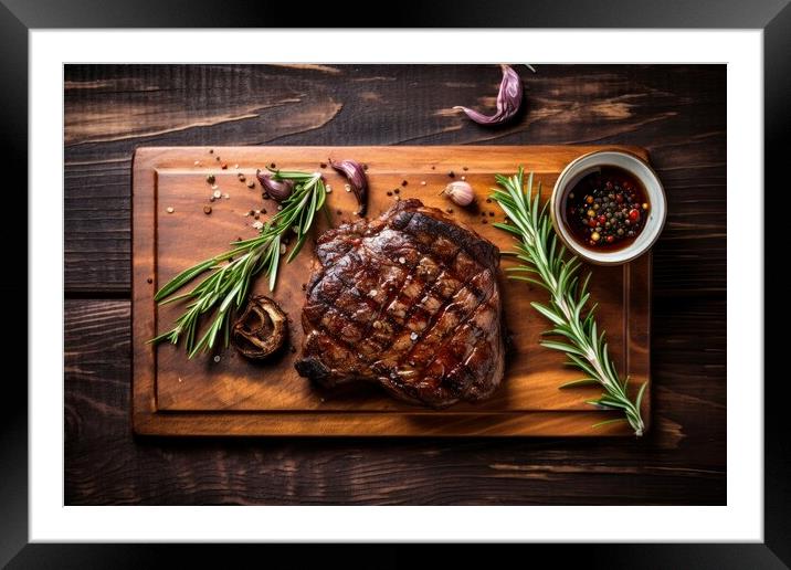 Grilled meat barbecue steak on wooden cutting board with rosemary and copy space. Top view. Framed Mounted Print by Lubos Chlubny