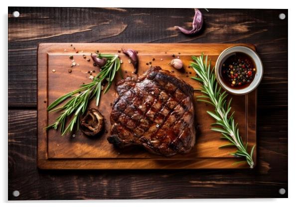 Grilled meat barbecue steak on wooden cutting board with rosemary and copy space. Top view. Acrylic by Lubos Chlubny