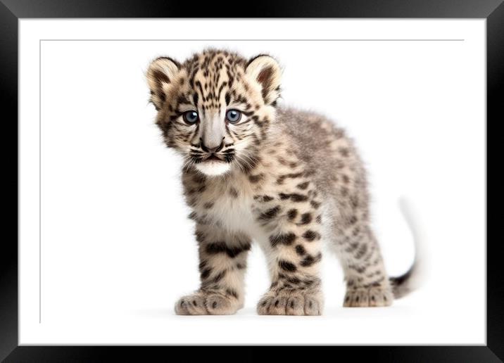 Snow Leopard cub isolated on on white background, Panthera uncia. Generative AI Framed Mounted Print by Lubos Chlubny