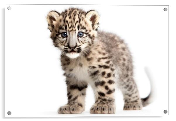 Snow Leopard cub isolated on on white background, Panthera uncia. Generative AI Acrylic by Lubos Chlubny