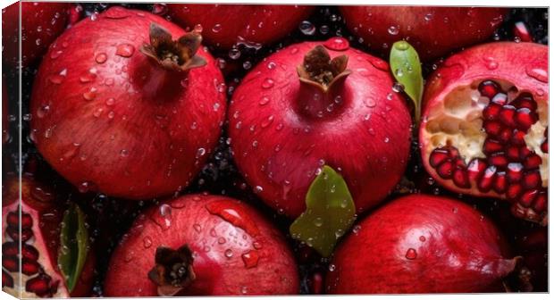 Pomegranate fruits on dark background, top view. Generative AI Canvas Print by Lubos Chlubny