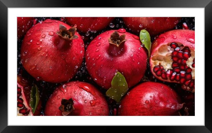Pomegranate fruits on dark background, top view. Generative AI Framed Mounted Print by Lubos Chlubny
