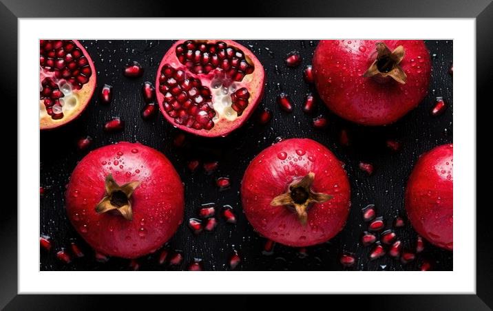 Pomegranate fruits on dark background, top view. Generative AI Framed Mounted Print by Lubos Chlubny