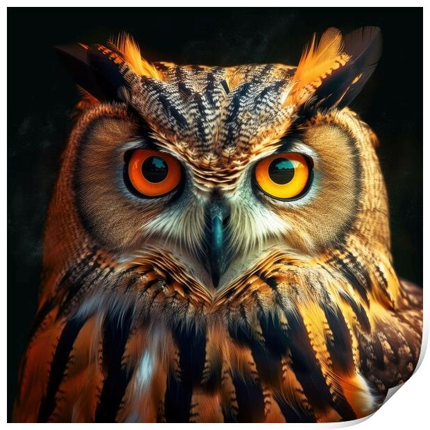 Portrait of an Owl. Cute wild owl on black background. Generative AI Print by Lubos Chlubny