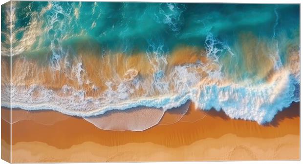 Top view of ocean waves on sandy beach landscape. Beautiful seascape background. Generative AI Canvas Print by Lubos Chlubny