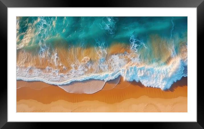 Top view of ocean waves on sandy beach landscape. Beautiful seascape background. Generative AI Framed Mounted Print by Lubos Chlubny
