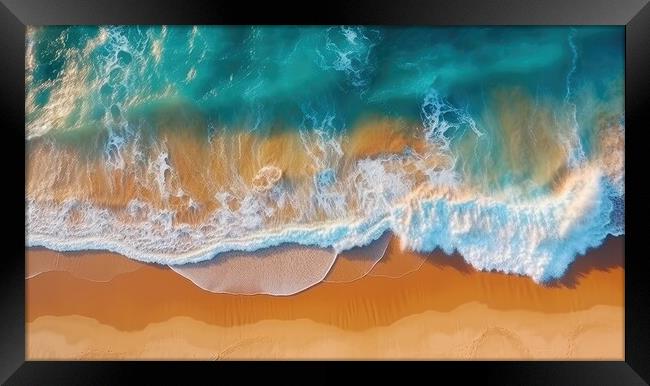 Top view of ocean waves on sandy beach landscape. Beautiful seascape background. Generative AI Framed Print by Lubos Chlubny