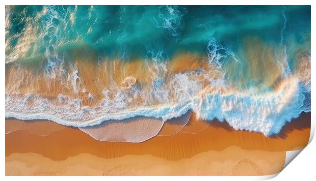 Top view of ocean waves on sandy beach landscape. Beautiful seascape background. Generative AI Print by Lubos Chlubny