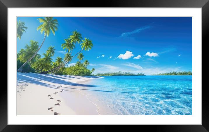Tropical paradise beach with white sand with footprints and crystal clear blue water. Generative AI Framed Mounted Print by Lubos Chlubny