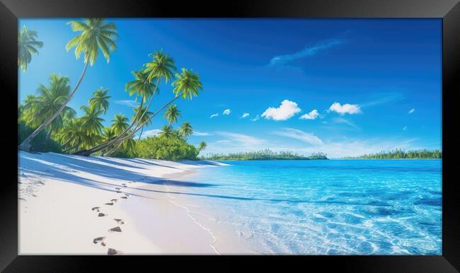Tropical paradise beach with white sand with footprints and crystal clear blue water. Generative AI Framed Print by Lubos Chlubny