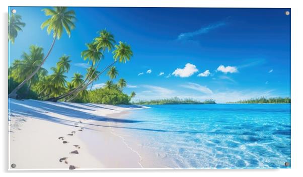 Tropical paradise beach with white sand with footprints and crystal clear blue water. Generative AI Acrylic by Lubos Chlubny