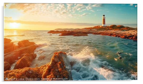 Colorful morning scene of Sardinia, Italy, Europe. Fantastic sunrise on Capo San Marco Lighthouse on Del Sinis peninsula. Generative AI Acrylic by Lubos Chlubny
