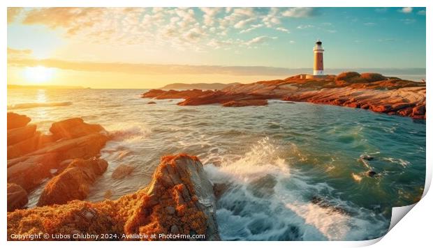 Colorful morning scene of Sardinia, Italy, Europe. Fantastic sunrise on Capo San Marco Lighthouse on Del Sinis peninsula. Generative AI Print by Lubos Chlubny