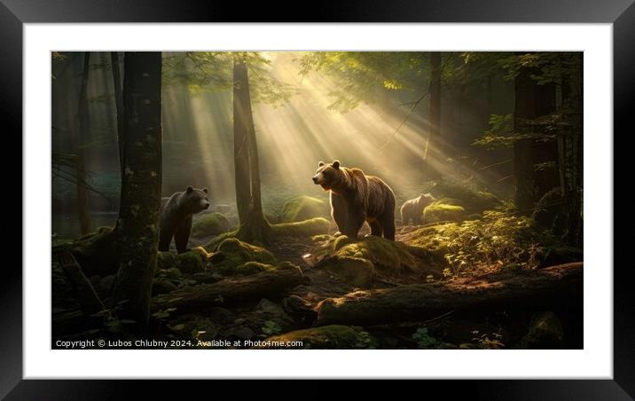 Bear with cubs in the forest and sun rays shining through the trees. Generative AI Framed Mounted Print by Lubos Chlubny