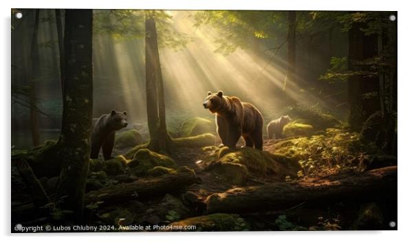 Bear with cubs in the forest and sun rays shining through the trees. Generative AI Acrylic by Lubos Chlubny