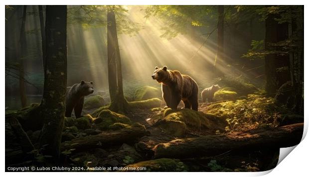 Bear with cubs in the forest and sun rays shining through the trees. Generative AI Print by Lubos Chlubny