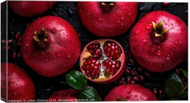 Pomegranate fruits on dark background, top view. Generative AI Canvas Print by Lubos Chlubny
