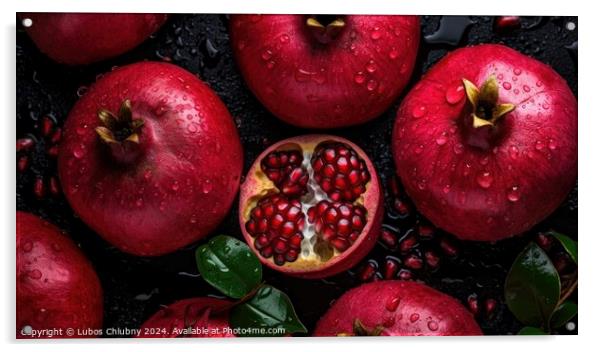 Pomegranate fruits on dark background, top view. Generative AI Acrylic by Lubos Chlubny