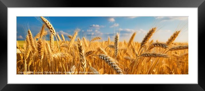 Gold wheat field and blue sky. Generative AI Framed Mounted Print by Lubos Chlubny