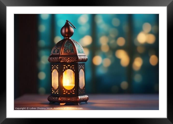Ornamental Arabic lantern with burning candle glowing at night. Muslim holy month Ramadan Kareem. Digital art Framed Mounted Print by Lubos Chlubny