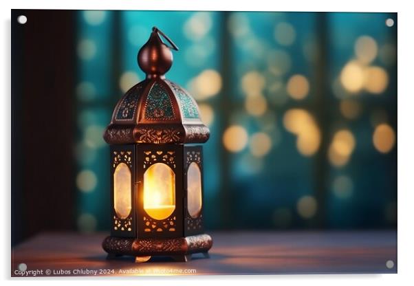 Ornamental Arabic lantern with burning candle glowing at night. Muslim holy month Ramadan Kareem. Digital art Acrylic by Lubos Chlubny