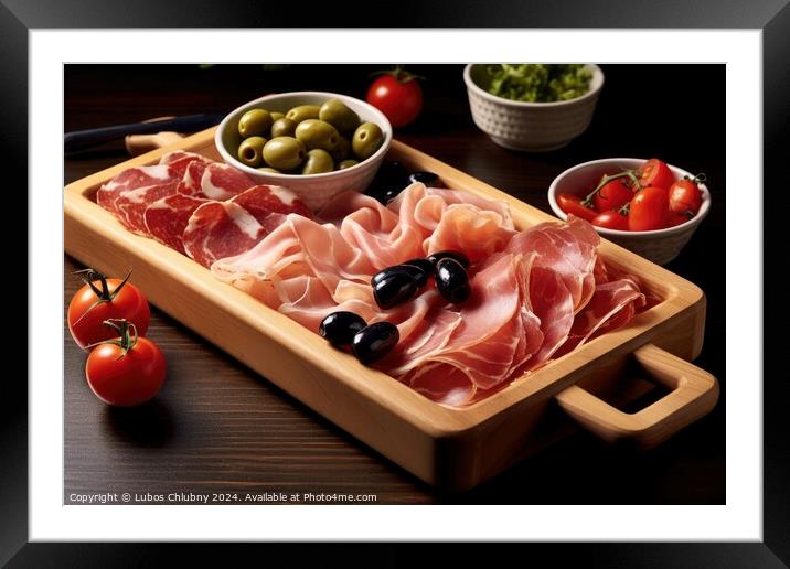 Wooden tray with prosciutto, tomatoes and black olives. Generative AI Framed Mounted Print by Lubos Chlubny