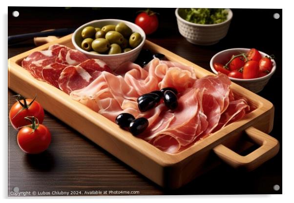 Wooden tray with prosciutto, tomatoes and black olives. Generative AI Acrylic by Lubos Chlubny