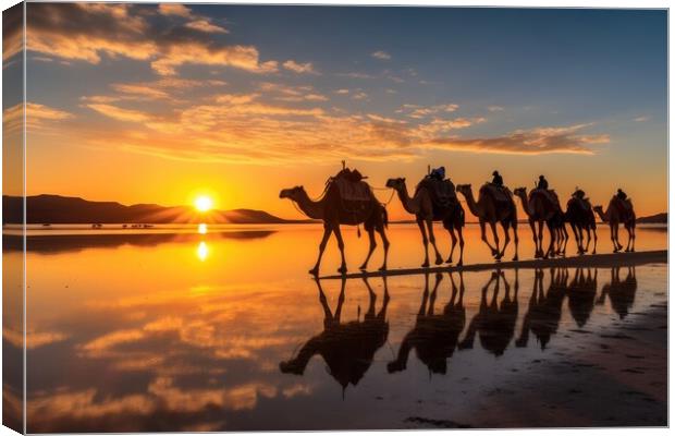 Caravan of camels on the salt lake at sunrise. Generative AI Canvas Print by Lubos Chlubny