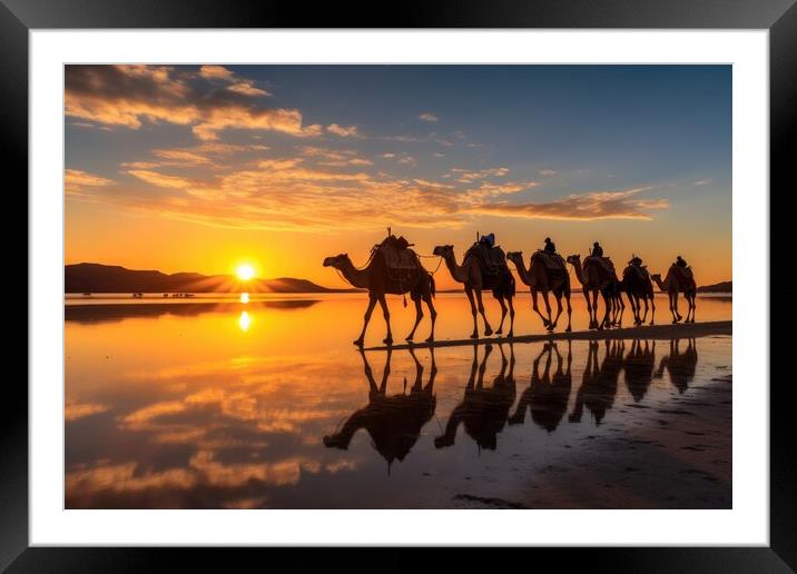 Caravan of camels on the salt lake at sunrise. Generative AI Framed Mounted Print by Lubos Chlubny