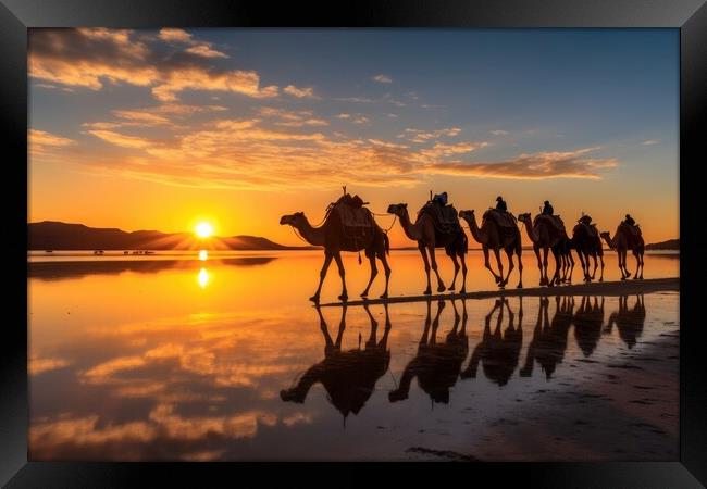 Caravan of camels on the salt lake at sunrise. Generative AI Framed Print by Lubos Chlubny