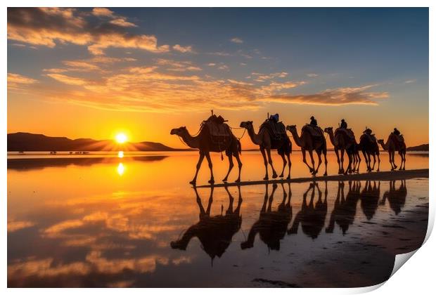 Caravan of camels on the salt lake at sunrise. Generative AI Print by Lubos Chlubny