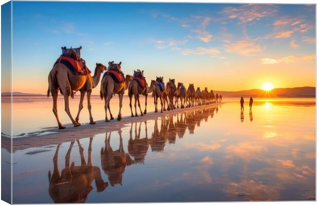 Caravan of camels on the salt lake at sunrise. Generative AI Canvas Print by Lubos Chlubny