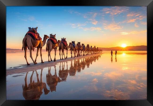 Caravan of camels on the salt lake at sunrise. Generative AI Framed Print by Lubos Chlubny