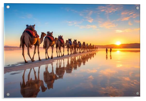 Caravan of camels on the salt lake at sunrise. Generative AI Acrylic by Lubos Chlubny