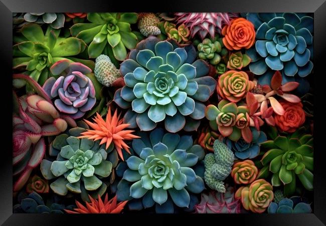 Collection of small decorative succulents, top view. Generative AI Framed Print by Lubos Chlubny