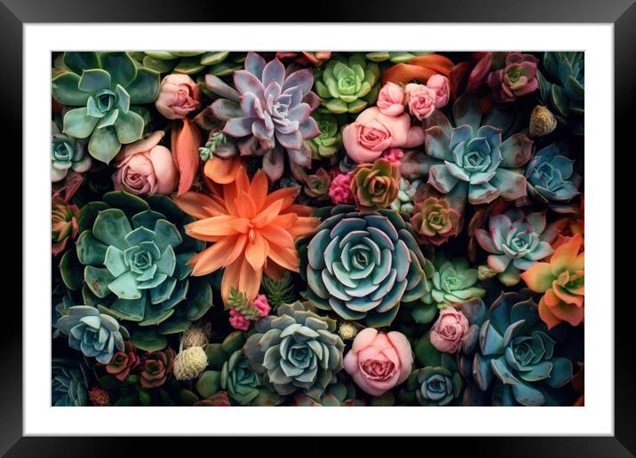 Collection of small decorative succulents, top view. Generative AI Framed Mounted Print by Lubos Chlubny