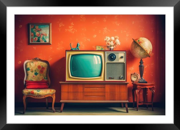 Vintage TV against the wall. Retro style. Generative AI Framed Mounted Print by Lubos Chlubny