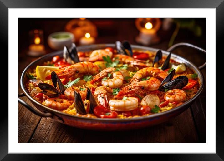 Traditional seafood paella in the pan. Generative AI Framed Mounted Print by Lubos Chlubny