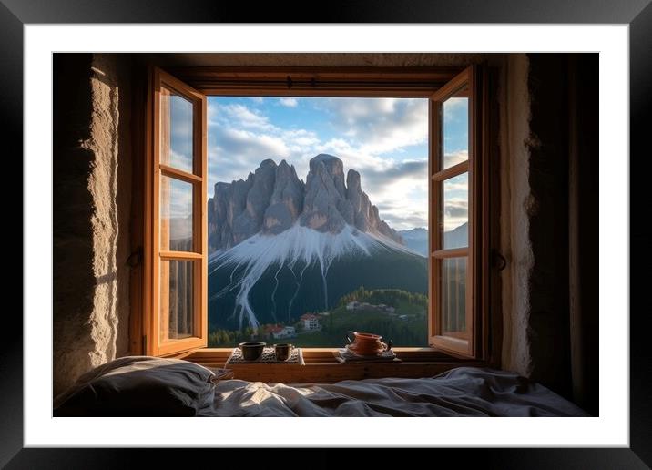 View from the window of the beautiful mountain landscape, the Dolomites. Generative AI Framed Mounted Print by Lubos Chlubny