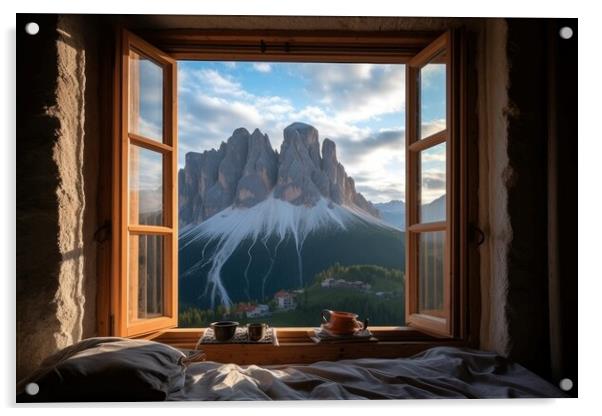 View from the window of the beautiful mountain landscape, the Dolomites. Generative AI Acrylic by Lubos Chlubny