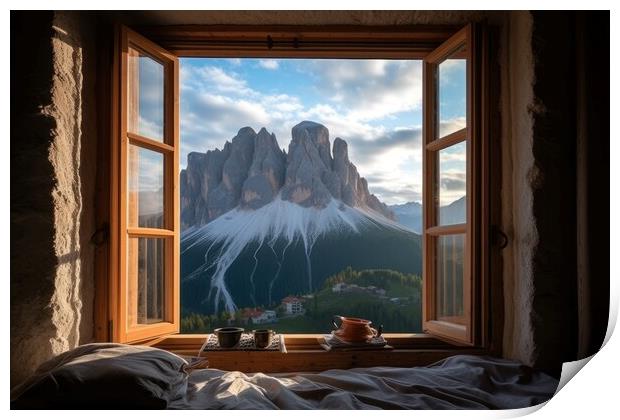 View from the window of the beautiful mountain landscape, the Dolomites. Generative AI Print by Lubos Chlubny