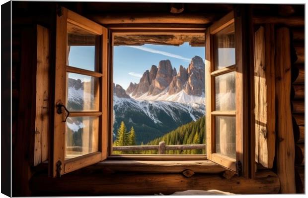 View from the window of the beautiful mountain landscape, the Dolomites. Generative AI Canvas Print by Lubos Chlubny