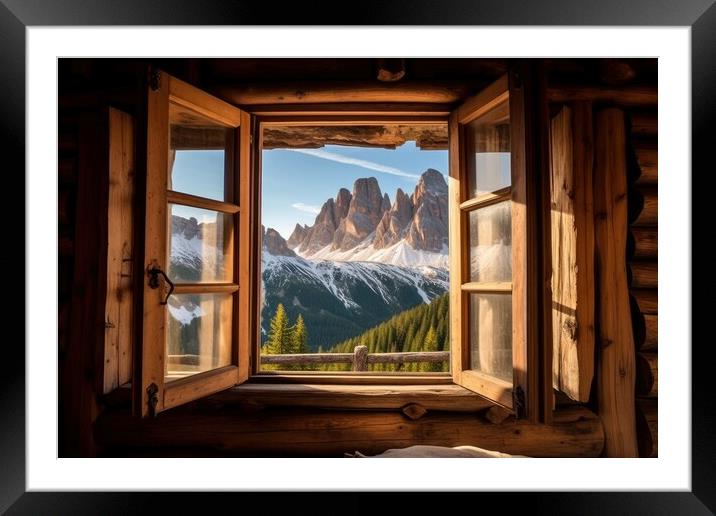 View from the window of the beautiful mountain landscape, the Dolomites. Generative AI Framed Mounted Print by Lubos Chlubny