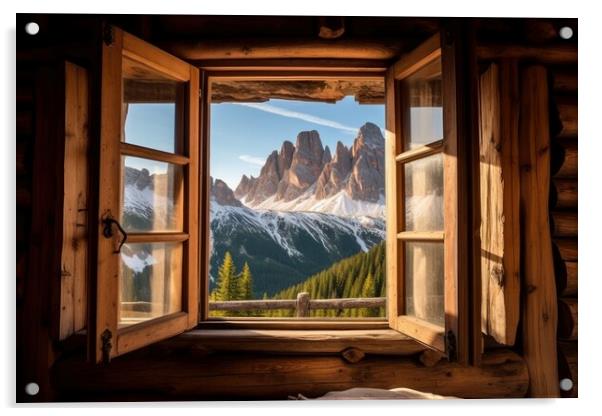 View from the window of the beautiful mountain landscape, the Dolomites. Generative AI Acrylic by Lubos Chlubny