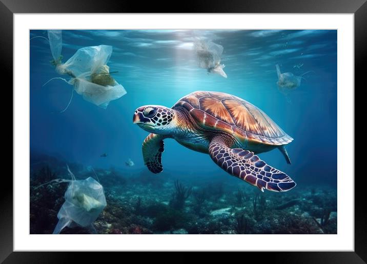 World ocean pollution, Turtle and plastic bags underwater. Generative AI Framed Mounted Print by Lubos Chlubny